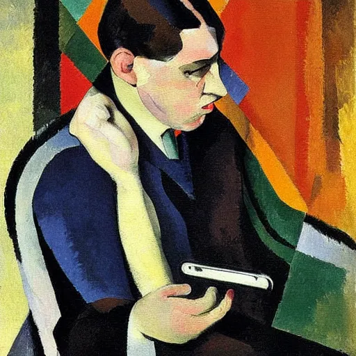 Image similar to A painting of a man holding a phone, collage, painting by Sonia Delaunay, by Paul Cézanne dull