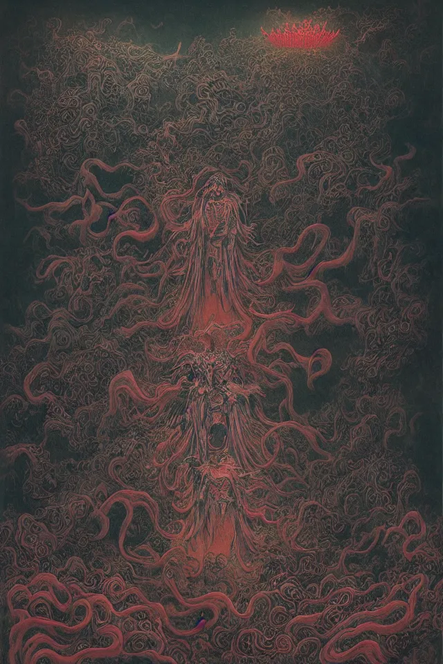 Image similar to zhongyuan festival, chinese ghost festival, king of hell, inside page of comic book, psychedelic lights and fog, in the style of zdzislaw beksinski, ayami kojima, takato yamamoto, barclay shaw, karol bak, glowing light and shadow, hyperrealist