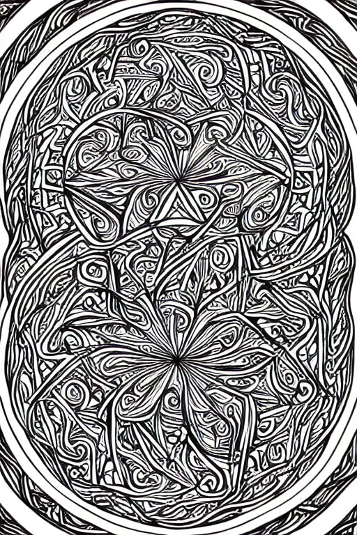 Image similar to a thin intricate lineart swirling tribal mandala design, black and white