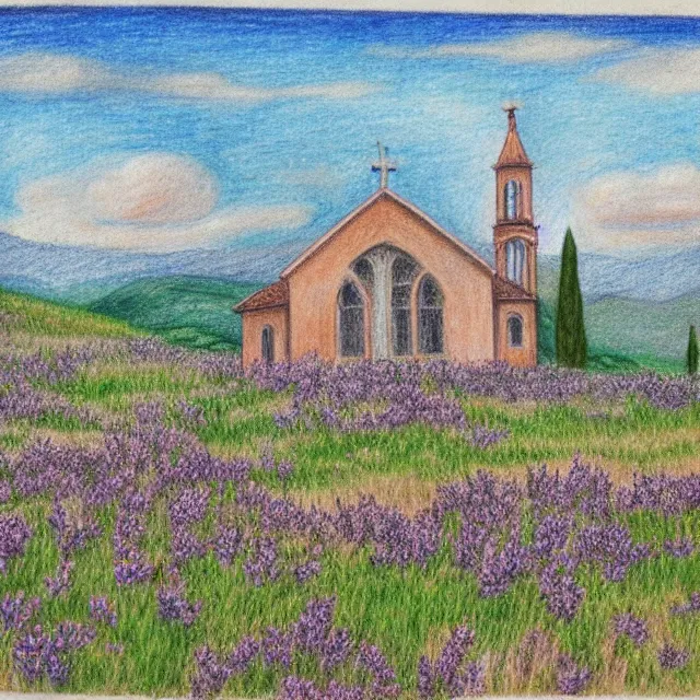 Image similar to abandoned church near a lavander field in italian landscape, colored pencil drawing