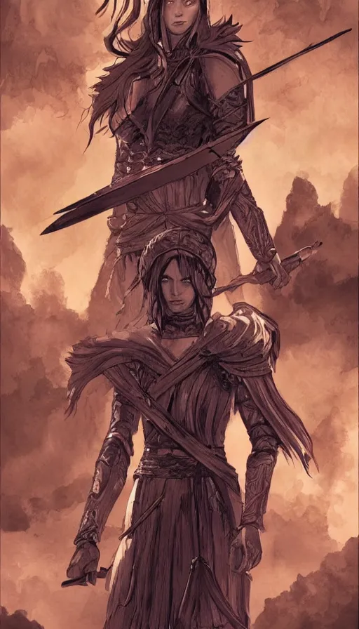 Image similar to a graphic novel cover for a fantasy epic about a female warrior in a new dimension