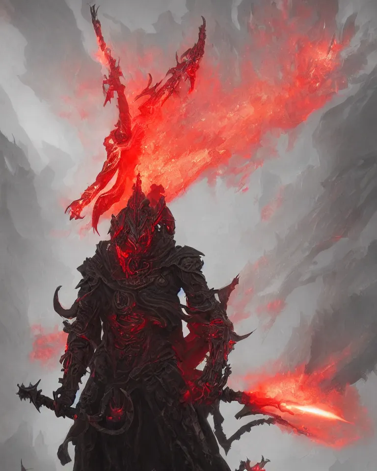 Image similar to portrait of a demonic hell priest holding a staff with red flames, techno - organic armour, black dragon in background, artstation, greg rutkowski, matte painting, 4 k, concept art