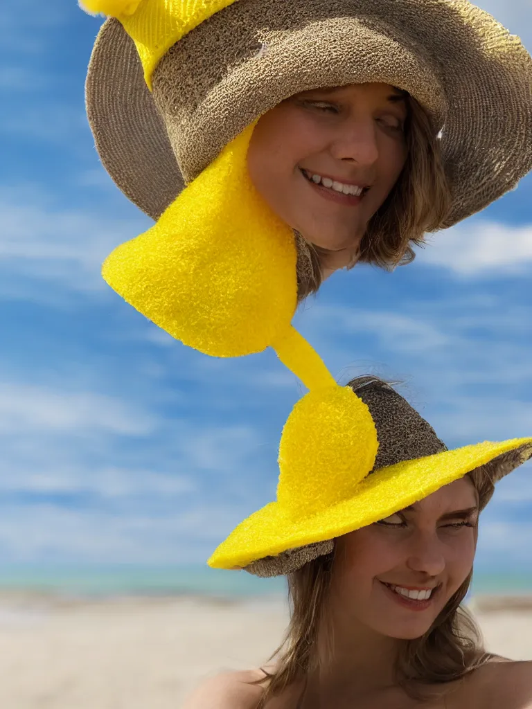 Image similar to an add campain for a yellow freezbee in the shape of a hat, taking place on the beach, closeup shot with depth of field, high quality promotional picture