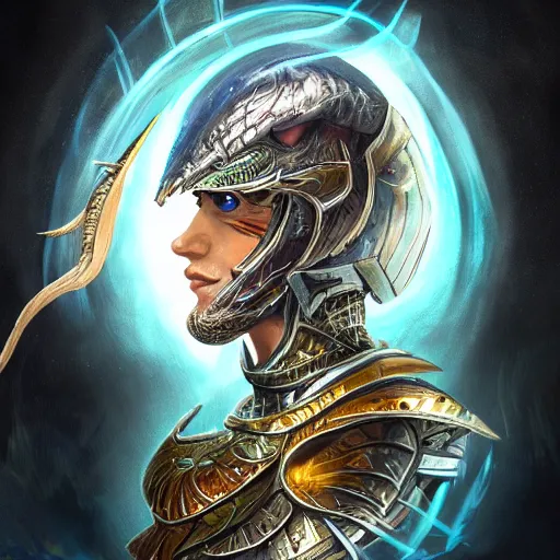 Prompt: a portrait of fish magician in glass armor releasing spell, full height, moving forward, concept art, trending on artstation, highly detailed, intricate, sharp focus, digital art, 8 k