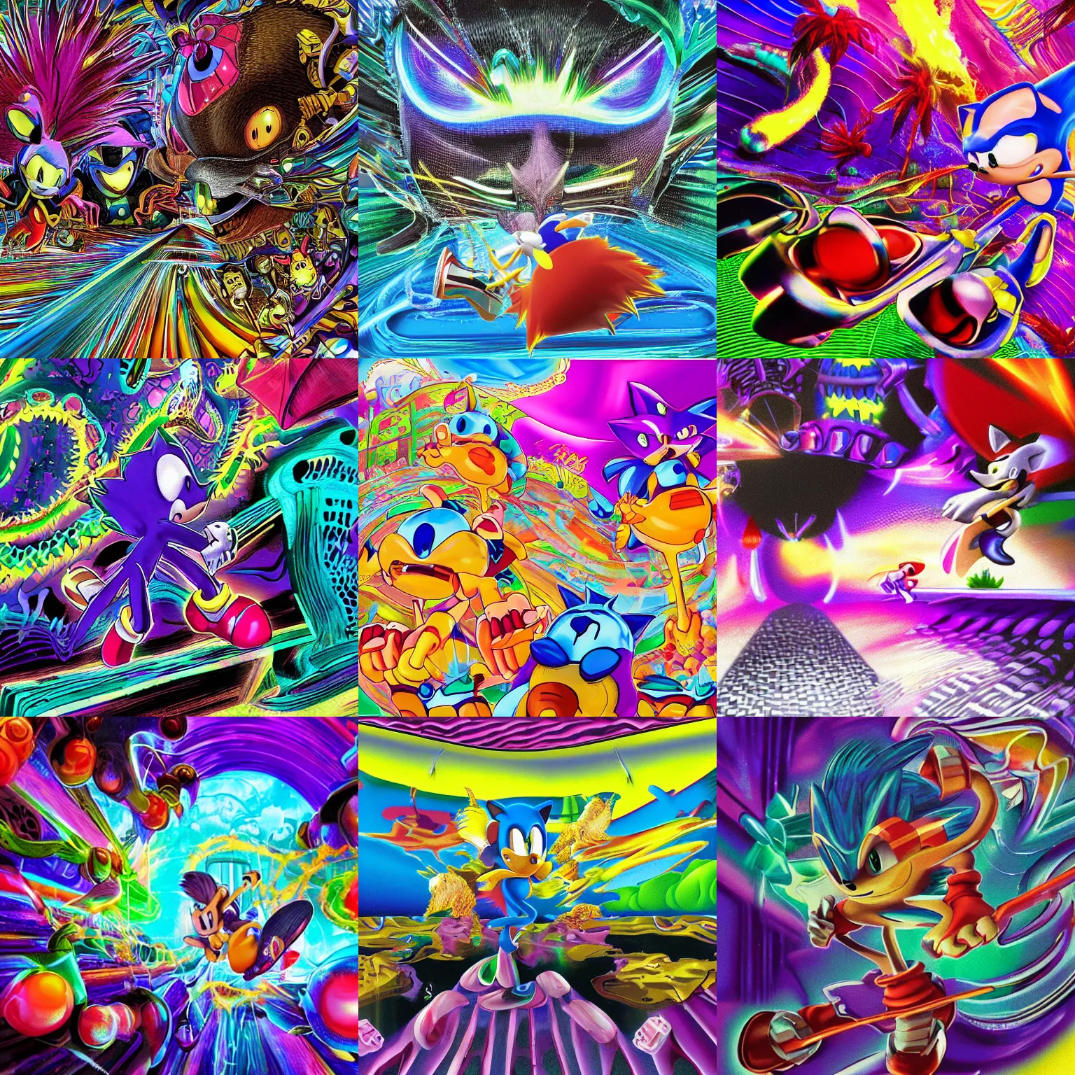 Prompt: sonic closeup of surreal, sharp, detailed professional, high quality airbrush art MGMT album cover of a liquid dissolving LSD DMT sonic the hedgehog surfing through cyberspace, purple checkerboard background, 1990s 1992 Sega Genesis video game album cover