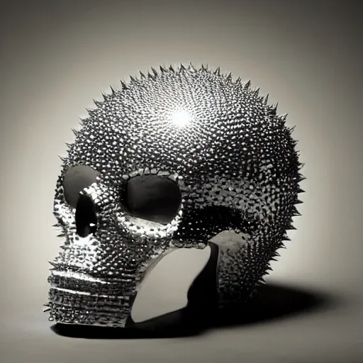 Image similar to a disco ball shaped like a spiky skull, photograph