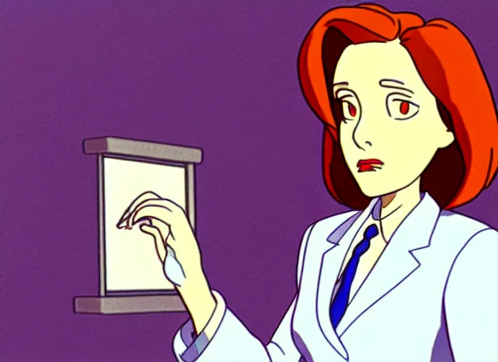 Image similar to an animation still of dana scully, in the style of studio ghibli, netflix animation, toei animation, filmation animation, traditional animation, sharp detail, animation cel