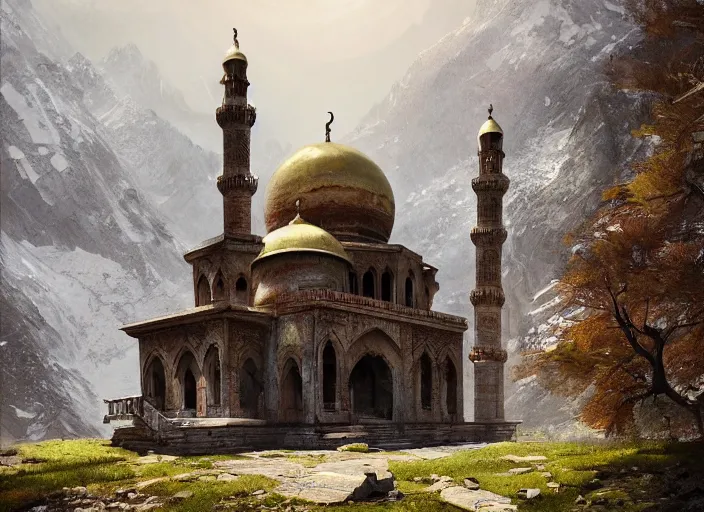 Image similar to Abandoned Hazratbal mosque in mountains of Kashmir, a fantasy digital painting by Greg Rutkowski and James Gurney, trending on Artstation, highly detailed