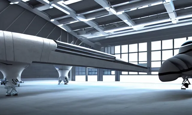 Image similar to octane render, high quality, unreal engine 5, spaceship in hangar