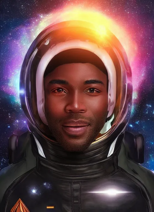 Prompt: handsome black man smirking condescendingly in an advanced spacesuit in front of exploding nebulae halos, digital illustration trending on artstation by artgerm and rutkowski