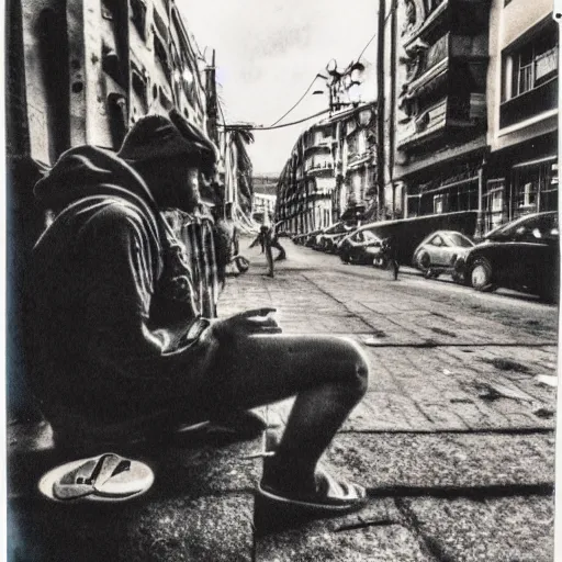 Image similar to polaroid picture, sepia, homeless manu chao in the streets of bogota, ethereal, trending on artstation