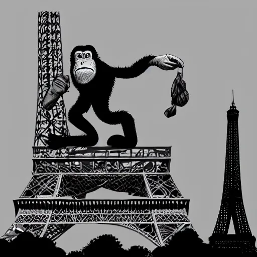 Image similar to A giant ape climbing the Eiffel tower while wearing a beret with a baguette in his hand, Detailed Digital art