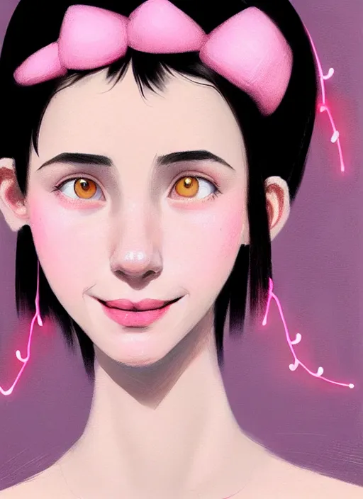 Image similar to portrait of teenage girl, narrow face, black hair, bangs, half updo hairstyle, skinny, big nose, smile, unattractive, defined jawline, big chin, wearing pink hair bow, earrings, intricate, elegant, glowing lights, highly detailed, digital painting, artstation, sharp focus, illustration, art by wlop, mars ravelo and greg rutkowski