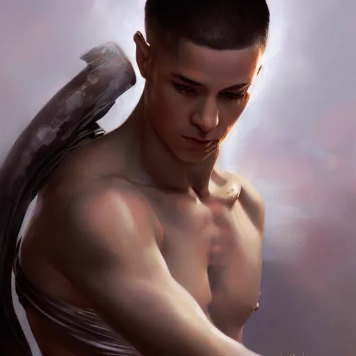 Image similar to A detailed matte oil on canvas painting of a young white male martial artist monk, orchid arm tattoos by greg rutkowski and Charlie bowater, trending on artstationhd, dungeons and dragons art