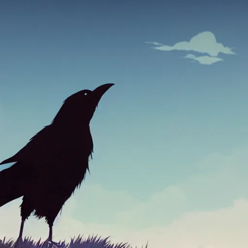 Prompt: a wholesome animation key shot of a crow on a hill, portrait shot, studio ghibli, pixar and disney animation, sharp, rendered in unreal engine 5, anime key art by greg rutkowski, bloom, dramatic lighting