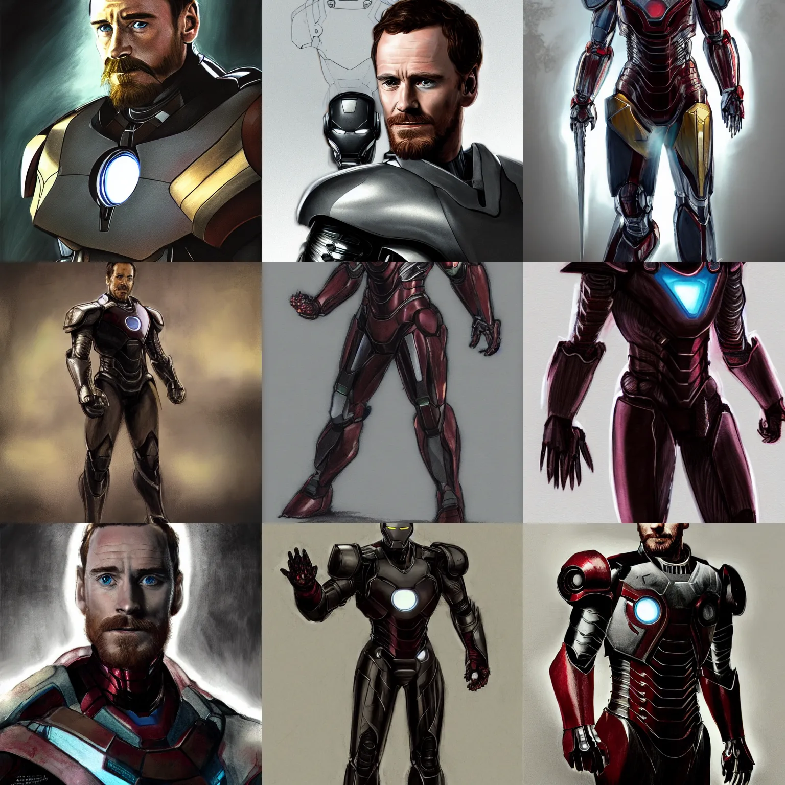 Prompt: Detailed full body Portrait of a young Michael Fassbender with a cleanly trimmed goatee, wearing a black iron man style mech suit, Medieval ages, wearing reading glasses, concept art, Dungeons & Dragons