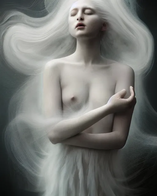 Image similar to delicate, dreamy, feminine, subsurface scattering, white, young beautiful goddess in cosmos long white hair floating in air, white feather dress, fluid smoke art, black and white, octane render, dino valls, mark ryden, joe fenton, michal karcz, highly detailed, rim light, art, cinematic lighting, very coherent, hyper realism, 8 k