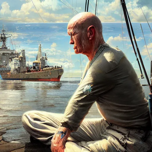 Prompt: patrick maritime meditates, hyperrealism, no blur, 4 k resolution, ultra detailed, style of ron cobb, adolf hiremy - hirschl, ismail inceoglu, rene margitte