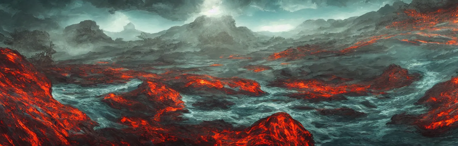 Image similar to painting of lava river scene on an alien planet by vincent bons. ultra sharp high quality digital render. detailed. beautiful landscape. weird vegetation. water.