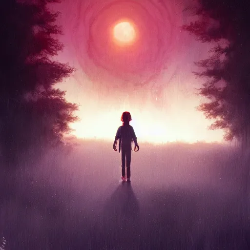 Prompt: Stranger Things, Eleven standing in front of the gargantuan Mind Flayer from Stranger Things, stunning atmosphere, in Style of Peter Mohrbacher, moody night lighting