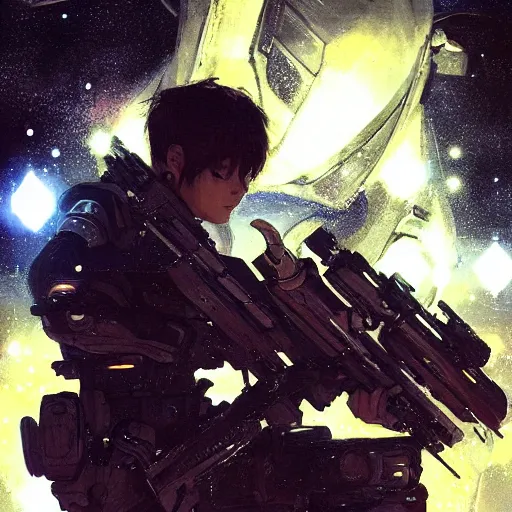 Image similar to bokeh, beautiful detail, stars in the sky, cybernetic, sci-fi space game art, jeon Jungkook holding a gun. alien planet art by Akihito Yoshitomi AND Yoji Shinkawa AND Greg Rutkowski, Mark Arian trending on artstation