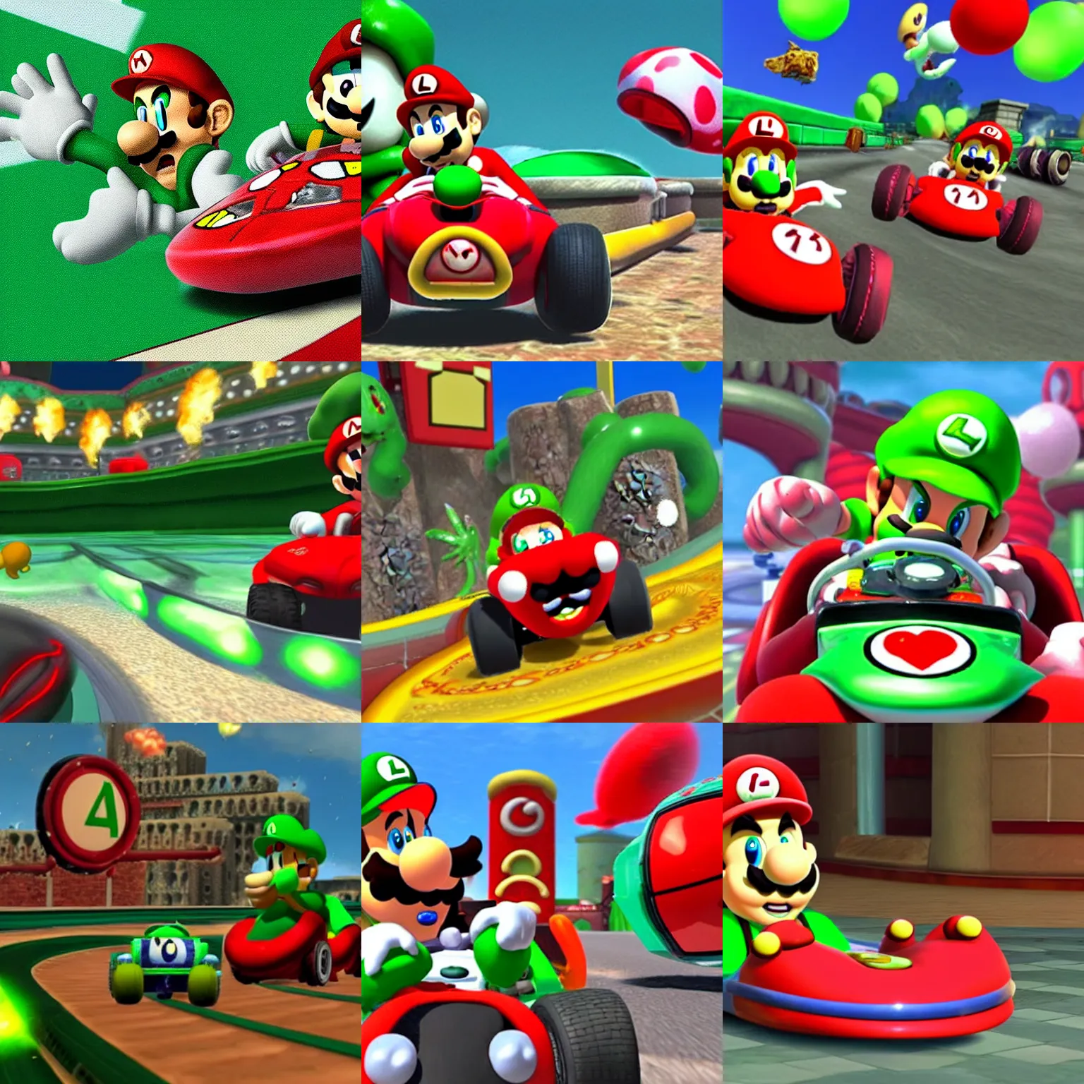 Prompt: lovecraftian horror cthulu throwing red shells at luigi in mario kart tour deluxe