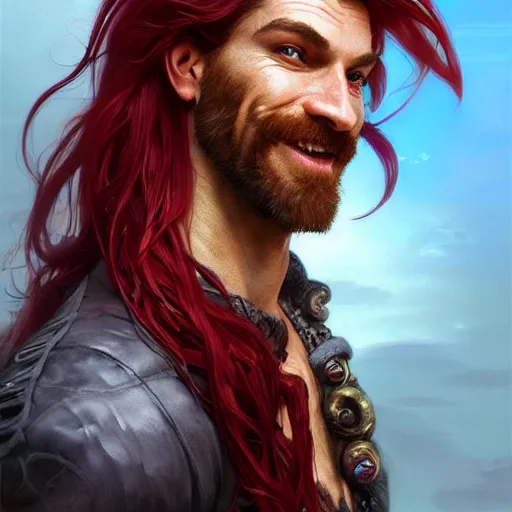 Image similar to portrait of a young ruggedly handsome but joyful pirate, male, masculine, upper body, red crimson crimson deep red hair, long long flowing hair, fantasy, proud smirk, intricate, elegant, highly detailed, digital painting, artstation, concept art, matte, sharp focus, illustration, art by artgerm and greg rutkowski and alphonse mucha