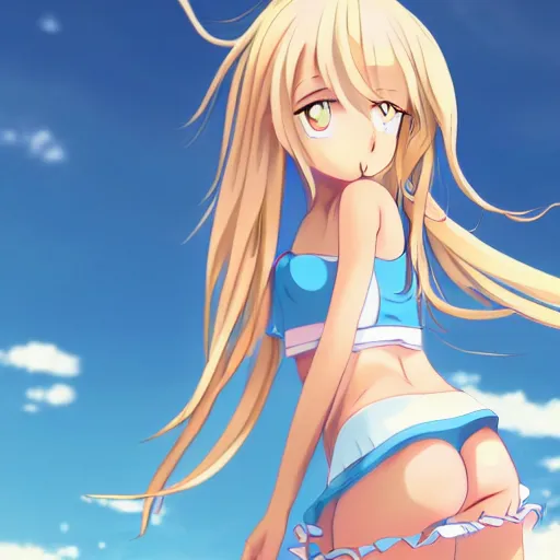 Image similar to a very beautiful young anime tennis girl, full body, long wavy blond hair, sky blue eyes, full round face,, bikini, miniskirt, front view, mid - shot, highly detailed, cinematic wallpaper by wlop