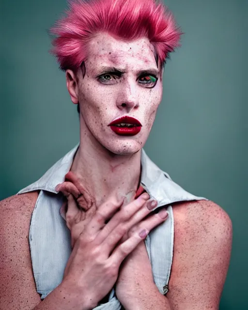 Prompt: !dream Portrait of an androgynous man, close-up, high sharpness, zeiss lens, fashion photo shoot, flowers, pink hair, freckles, Red lipstick, on metal background, Annie Leibovitz and Steve McCurry, David Lazar, Jimmy Nelsson, artistic, hyper-realistic, beautiful face, octane rendering
