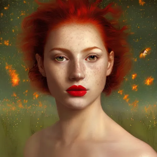 Image similar to a highly detailed digital painting of a red haired young woman, by night among golden fireflies and nature, backlit, deep green eyes, hint of freckles, round gentle face, cheeky smile with red lips, deep focus, smooth, sharp, golden ratio, elegant, art by artemisia lomi gentileschi, caravaggio, greg rutkowski