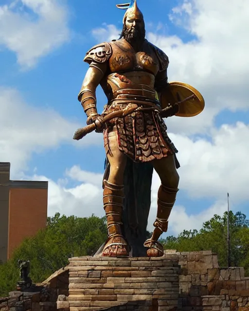 Image similar to a gigantic 1 0 0 0 foot bronze statue of a spartanburg warrior holding his spear and shield, god of war, fantasy landscape, thousands of tiny onlookers, photorealistic, atmospheric