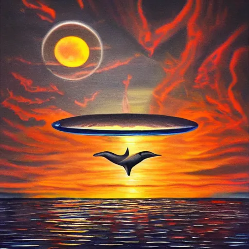 Image similar to oil painting, photorealistic, symmetrical, sunset, reflection on water, ufo floating above water, dolphins in water, horror, ominous