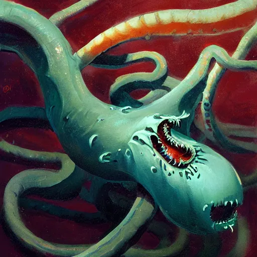Image similar to Underwater Tentacle Pandomonium;Art by Greg Manchess, Art Direction by Jeremy Jarvis; painting spiraling inward; Deep sea horror; teeth and eyes; illustration; balanced negative space; perfect composition;