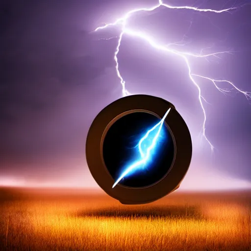 Image similar to futuristic flying car emerging from a circular portal made of lightning in the sky, thunderstorms at night, 8k 28mm cinematic photo