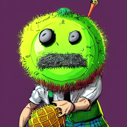 Image similar to a tennis ball monster wearing a scottish kilt, big mustache, scotland, digital art, fantasy, magic, chalk, trending on artstation, ultra detailed, professional illustration by basil gogos