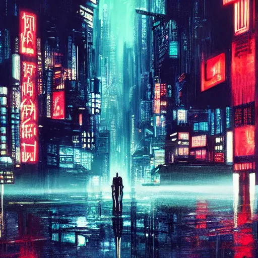 Image similar to high detailed cyberpunk rainy city at night with a torii in the background by Syd Mead, high quality, 4K, UHD, trending on ArtStation, blade runner vibes, ghost in the shell
