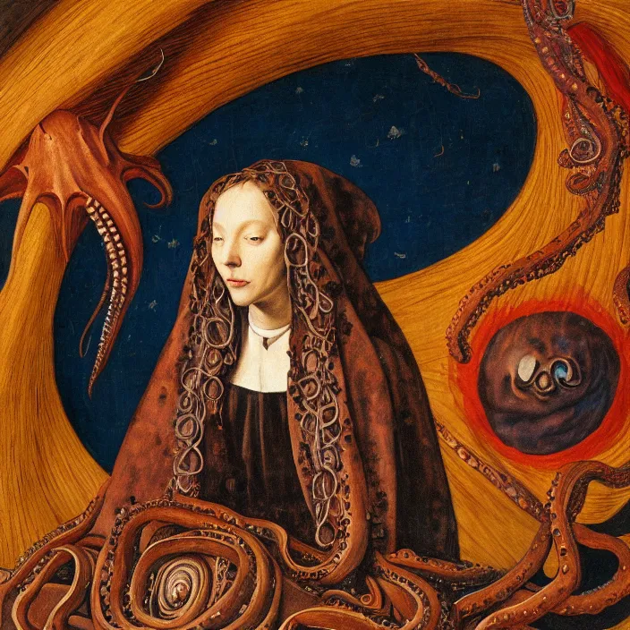 Prompt: a closeup portrait of a cloaked woman floating next to an octopus nebula, octopus nebula, by jan van eyck