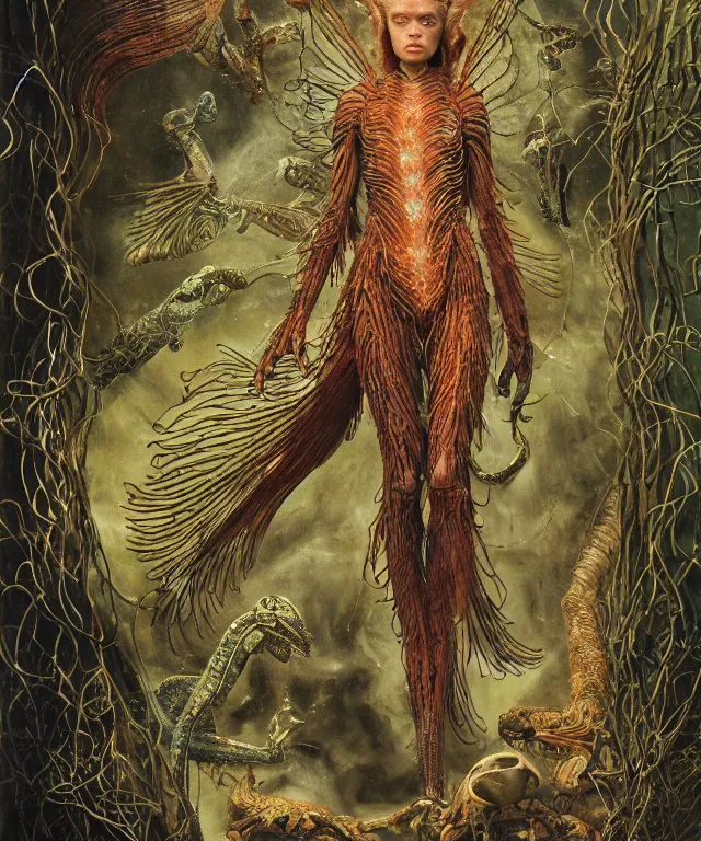 Prompt: a portrait photograph of a fierce sadie sink as a strong alien harpy queen with amphibian skin. she trying on a glowing and fiery lace shiny metal slimy organic membrane parasite vest and transforming into an evil insectoid snake bird. by donato giancola, walton ford, ernst haeckel, peter mohrbacher, hr giger. 8 k, cgsociety