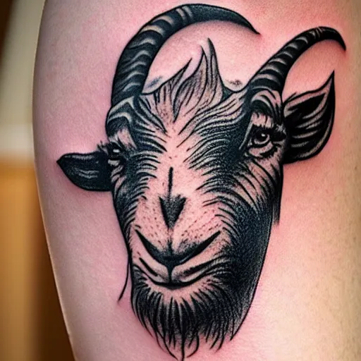 Image similar to A small tattoo of a goat. The goat is holding a large cinnamon churro in its mouth