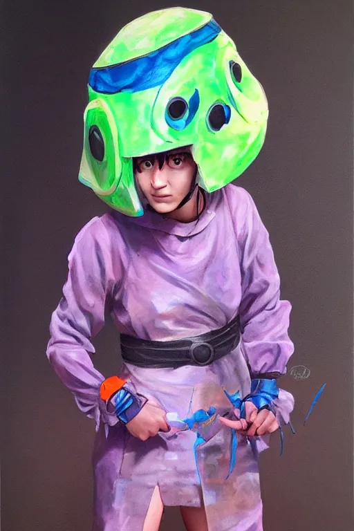Prompt: a character wearing a diy costume with fluo colored details, muted colors, nausicaa, satoshi con, hyper real painting