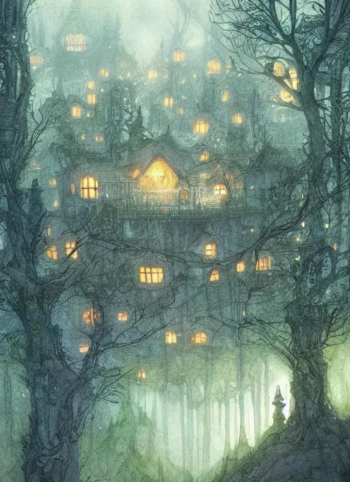 Image similar to treehouse city in the forest with fairy lights, light ground fog, river, detailed fantasy watercolor comic style, subtle colors, by alan lee and john howe