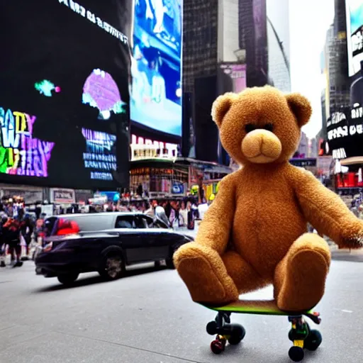 Image similar to a teddy bear skating on a skateboard in times square