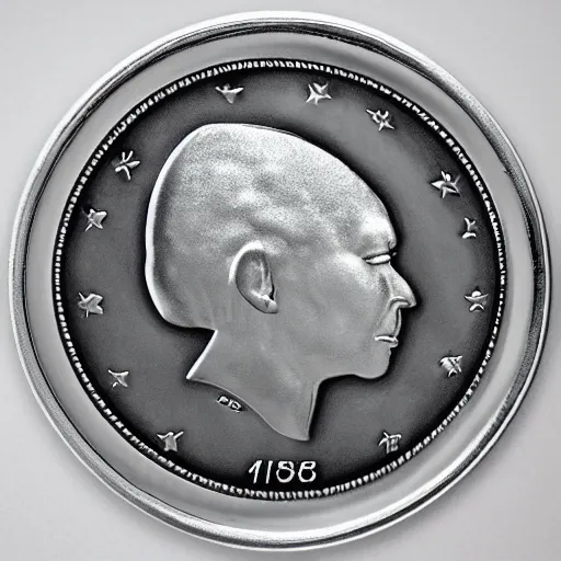 Prompt: gray alien silver coin