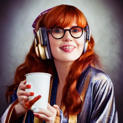 Prompt: a stunning hyper-detailed closeup portrait photo of a beautiful smiling bespectacled woman with long auburn hair and bangs, wearing a luxurious robe, wearing steampunk headphones and posing with her raccoons and parrots in an overstuffed easy chair in her sunlit living room, holding a coffee cup and a donut and smoking an elaborate hookah, perfect eyes, octane render, unreal engine, 85 mm lens,