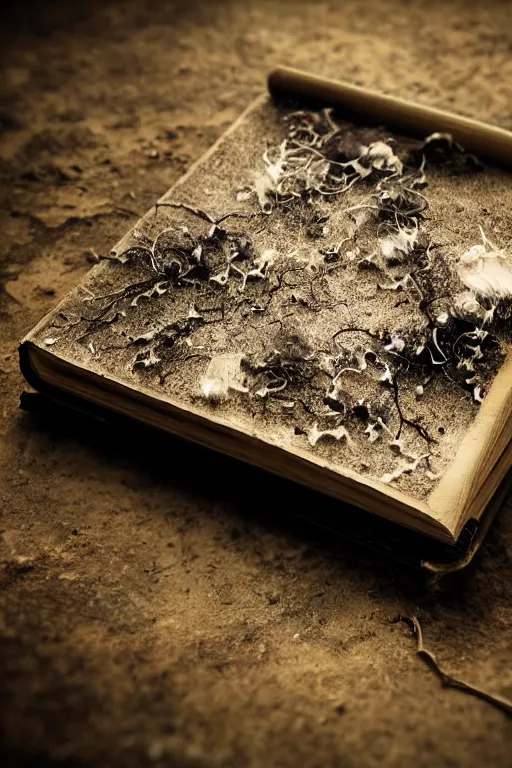 Prompt: Mycelium growing on an old dusty magic book, macro, dramatic lighting, cinematic, establishing shot, extremely high detail, foto realistic, cinematic lighting, post processed, concept art, high details, cinematic, 8k resolution, beautiful detailed, photorealistic, digital painting, artstation, concept art, smooth, sharp focus, artstation trending, octane render, unreal engine