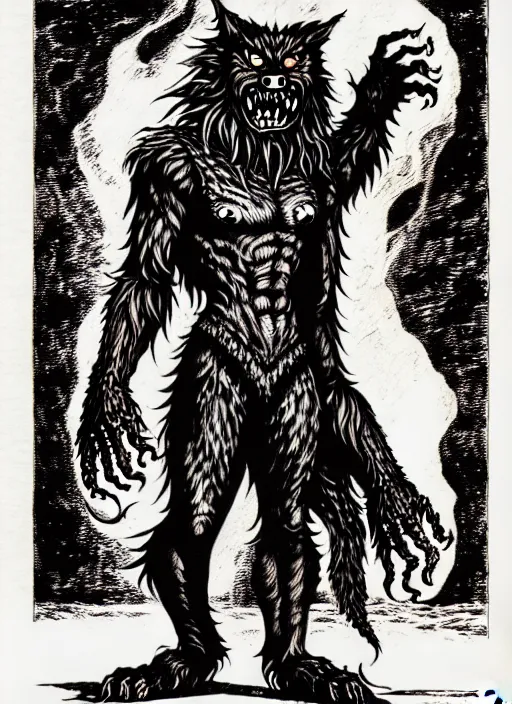 Prompt: a licorice werewolf as a D&D monster, full body, pen-and-ink illustration, etching, by Russ Nicholson, DAvid A Trampier, larry elmore, 1981, HQ scan, intricate details, Monster Manula, Fiend Folio