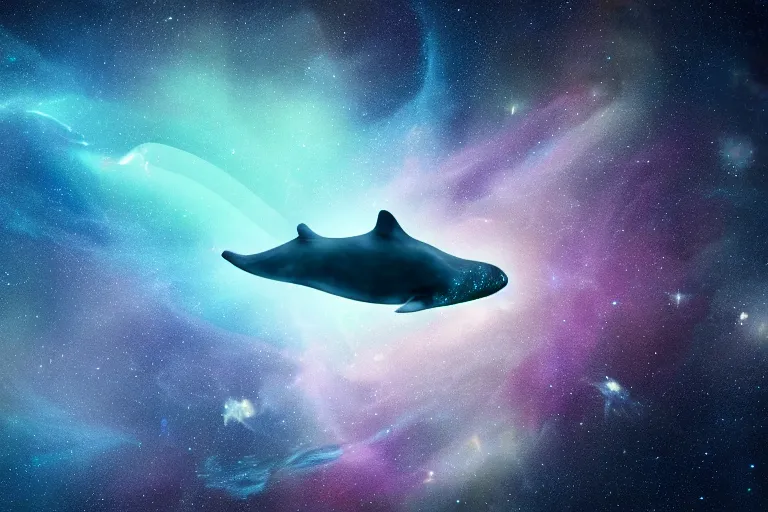 Prompt: a bioluminescent whale jumping through a space nebula leaving stardust trails behind, digital art, photorealistic