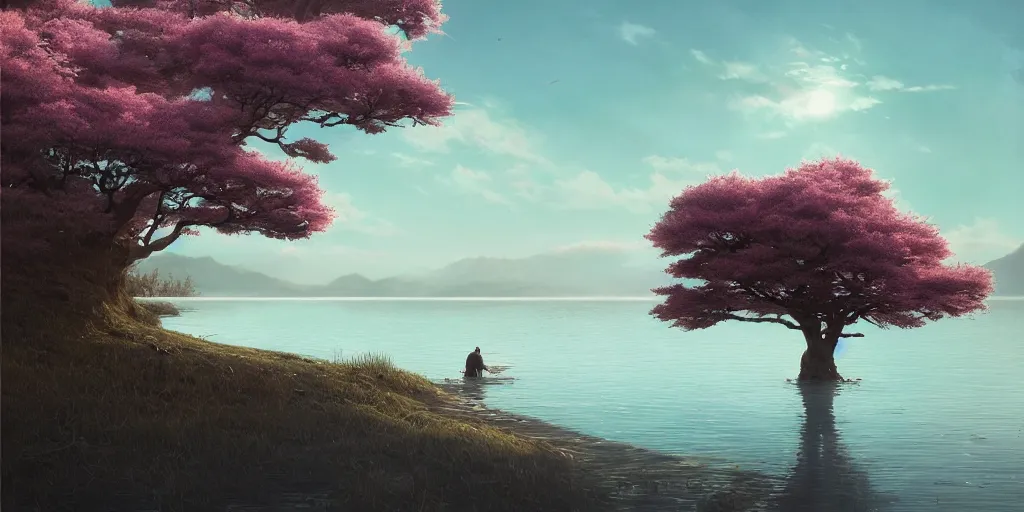 Image similar to vanishing point a single sakura tree upon a lake, viewed from afar, stephen bliss, unreal engine, illustration, fantasy art by greg rutkowski, loish, rhads, ferdinand knab, makoto shinkai and lois van baarle, ilya kuvshinov, rossdraws, tom bagshaw, global illumination, radiant light, minimalist, detailed and intricate environment