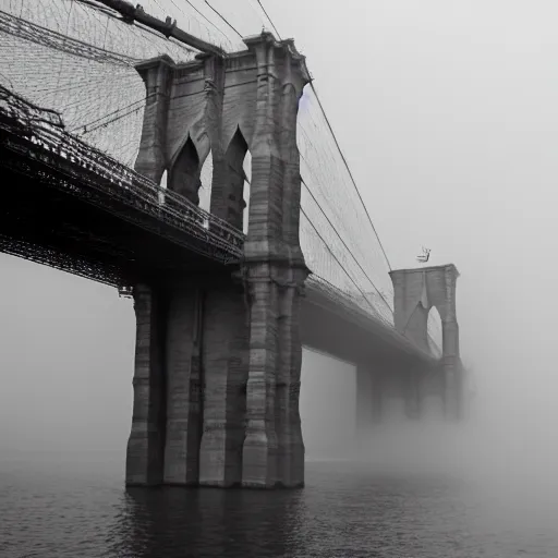 Prompt: brooklyn bridge in mist and fog