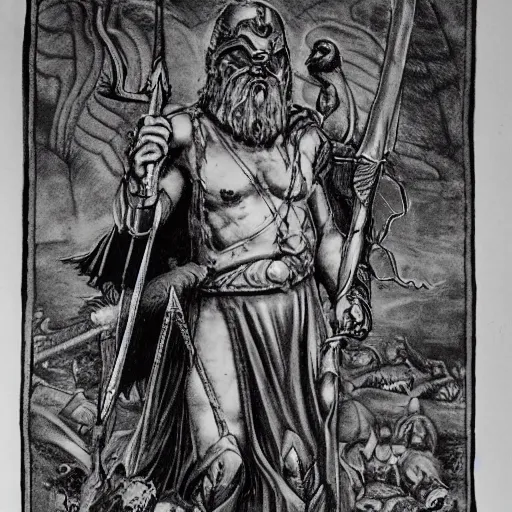 Prompt: odin with huggin and munning on his shoulders walking through the sea of death, followed by the valkyries army. he is holding gungir in his right hand, 6 0 mm portrait photo